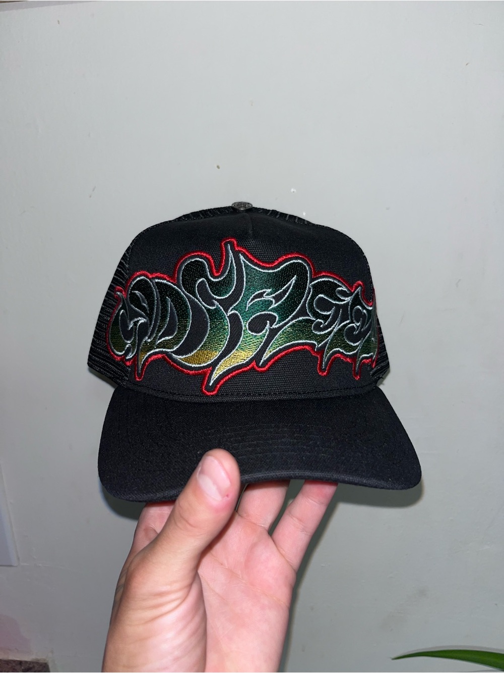 Godspeed Black Trucker Cap with Green Gradient Flame Embroidery
